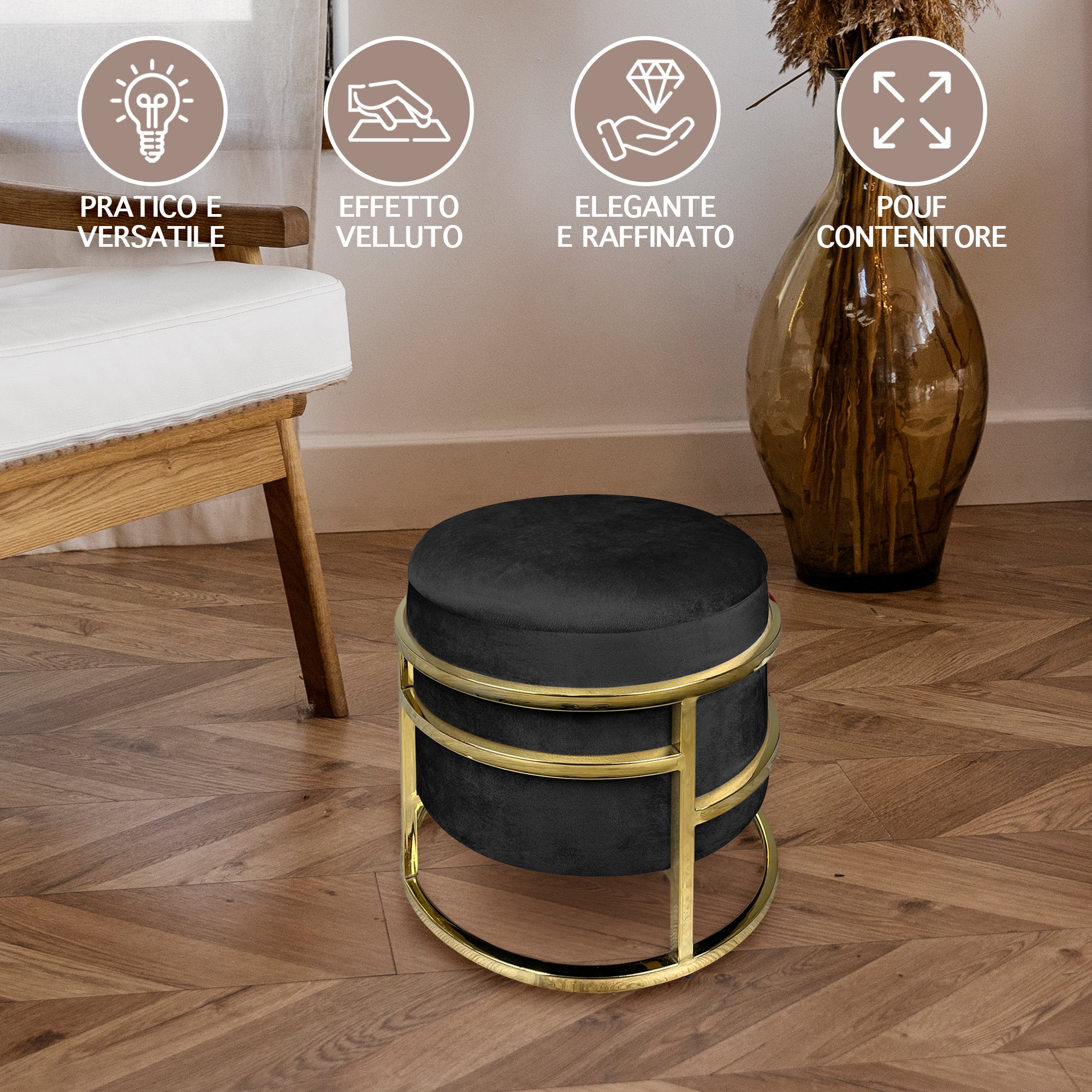 Pouf Contenitore Poggiapiedi Velluto Con Struttura Circolare Cromata Oro Elegante Imbottito Sgabello Per Toeletta Mobile Trucco Ottomano Ingresso Camera Da Letto Rotondo - Nero