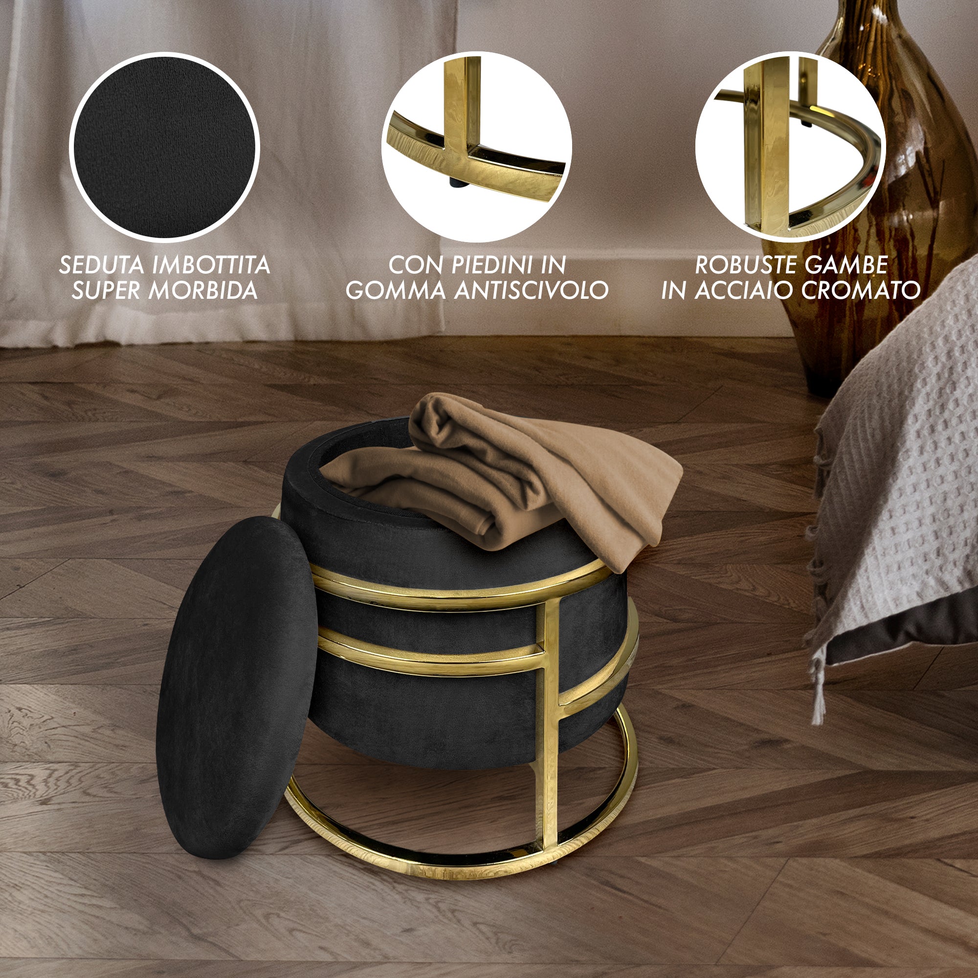 Pouf Contenitore Poggiapiedi Velluto Con Struttura Circolare Cromata Oro Elegante Imbottito Sgabello Per Toeletta Mobile Trucco Ottomano Ingresso Camera Da Letto Rotondo - Nero