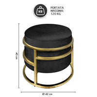 Pouf Contenitore Poggiapiedi Velluto Con Struttura Circolare Cromata Oro Elegante Imbottito Sgabello Per Toeletta Mobile Trucco Ottomano Ingresso Camera Da Letto Rotondo - Nero