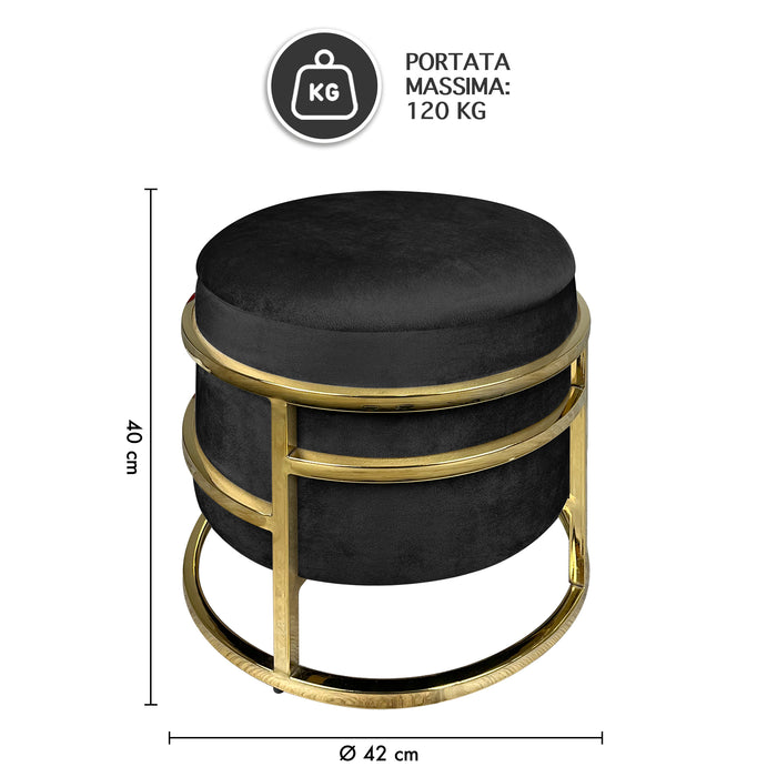 Pouf Contenitore Poggiapiedi Velluto Con Struttura Circolare Cromata Oro Elegante Imbottito Sgabello Per Toeletta Mobile Trucco Ottomano Ingresso Camera Da Letto Rotondo - Nero
