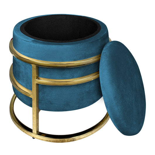 Pouf Contenitore Poggiapiedi Velluto Con Struttura Circolare Cromata Oro Elegante Imbottito Sgabello Per Toeletta Mobile Trucco Ottomano Ingresso Camera Da Letto Rotondo - Petrolio