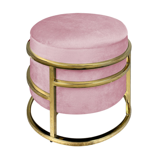 Pouf Contenitore Poggiapiedi Velluto Con Struttura Circolare Cromata Oro Elegante Imbottito Sgabello Per Toeletta Mobile Trucco Ottomano Ingresso Camera Da Letto Rotondo - Rosa