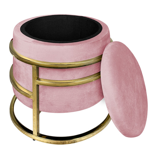 Pouf Contenitore Poggiapiedi Velluto Con Struttura Circolare Cromata Oro Elegante Imbottito Sgabello Per Toeletta Mobile Trucco Ottomano Ingresso Camera Da Letto Rotondo - Rosa
