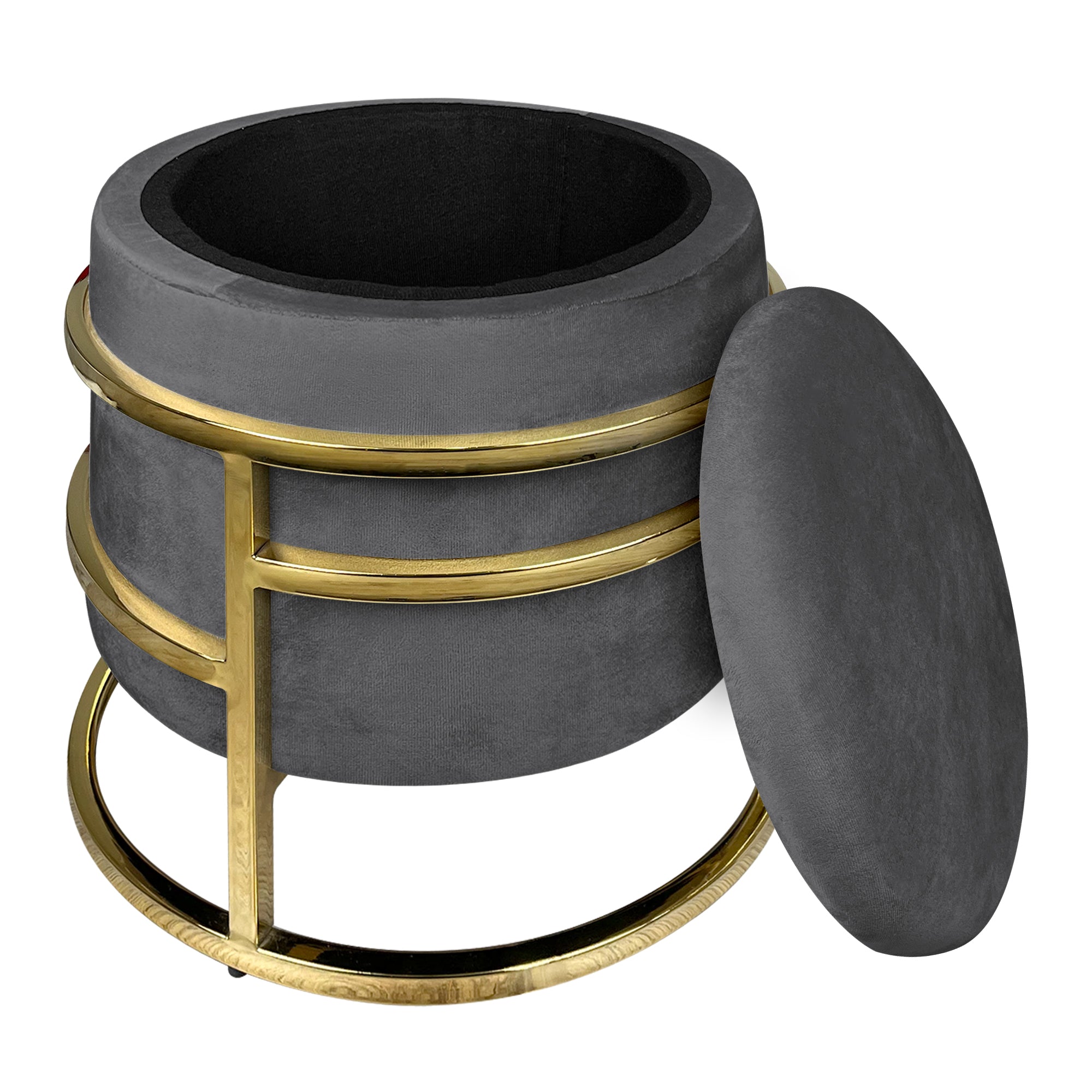 Pouf Contenitore Poggiapiedi Velluto Con Struttura Circolare Cromata Oro Elegante Imbottito Sgabello Per Toeletta Mobile Trucco Ottomano Ingresso Camera Da Letto Rotondo - Stone