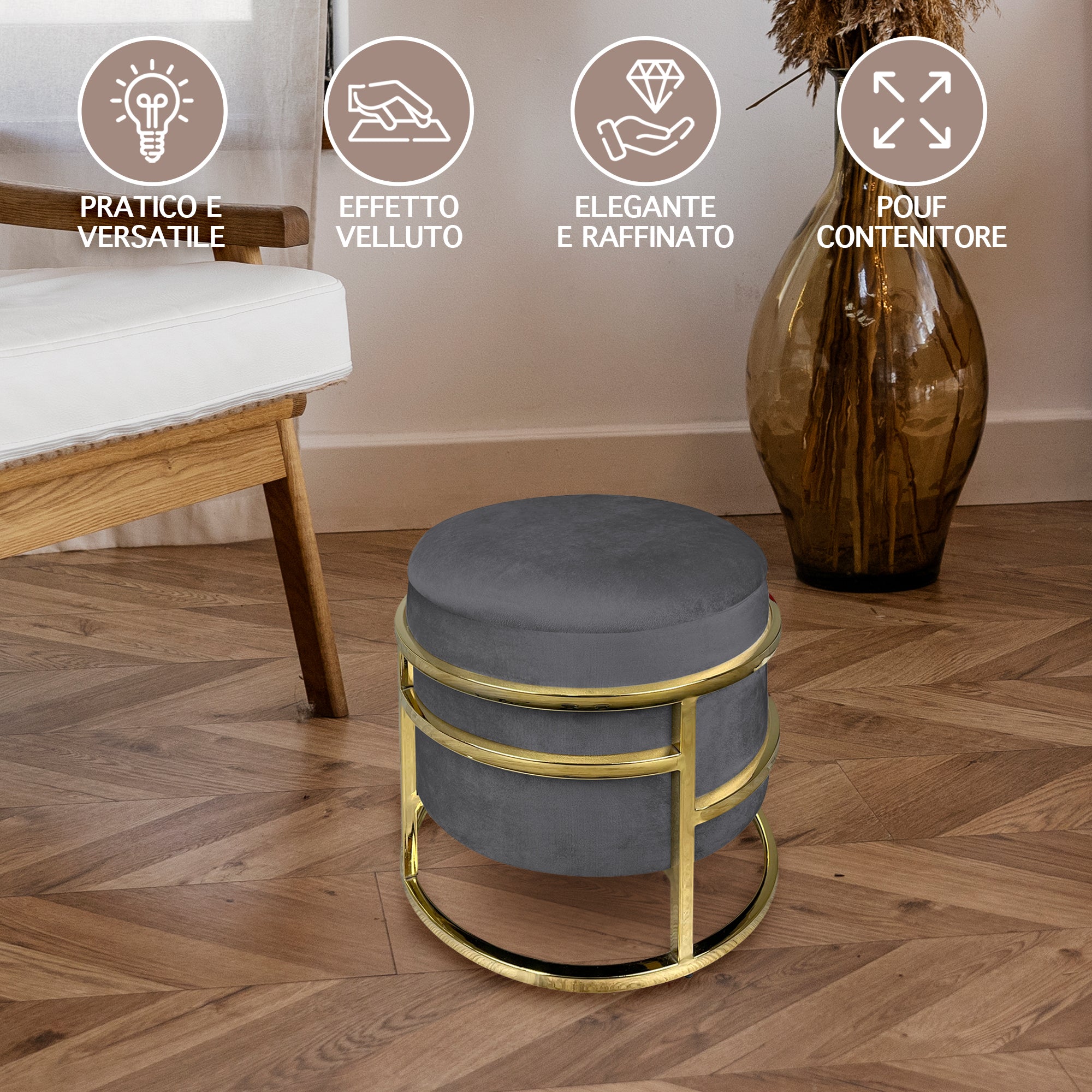 Pouf Contenitore Poggiapiedi Velluto Con Struttura Circolare Cromata Oro Elegante Imbottito Sgabello Per Toeletta Mobile Trucco Ottomano Ingresso Camera Da Letto Rotondo - Stone