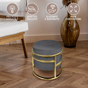 Pouf Contenitore Poggiapiedi Velluto Con Struttura Circolare Cromata Oro Elegante Imbottito Sgabello Per Toeletta Mobile Trucco Ottomano Ingresso Camera Da Letto Rotondo - Stone