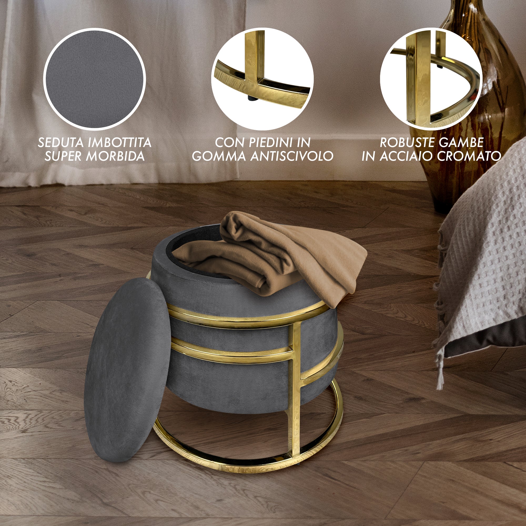Pouf Contenitore Poggiapiedi Velluto Con Struttura Circolare Cromata Oro Elegante Imbottito Sgabello Per Toeletta Mobile Trucco Ottomano Ingresso Camera Da Letto Rotondo - Stone