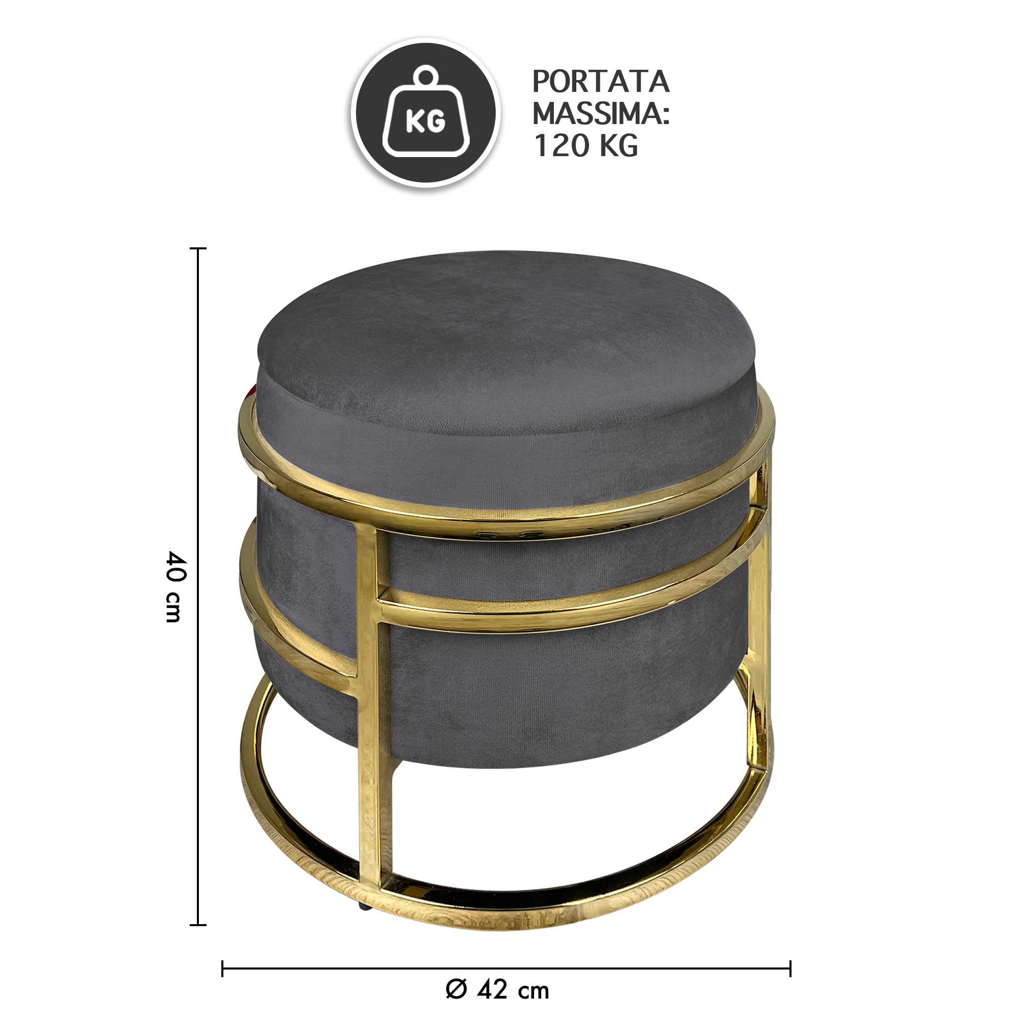 Pouf Contenitore Poggiapiedi Velluto Con Struttura Circolare Cromata Oro Elegante Imbottito Sgabello Per Toeletta Mobile Trucco Ottomano Ingresso Camera Da Letto Rotondo - Stone