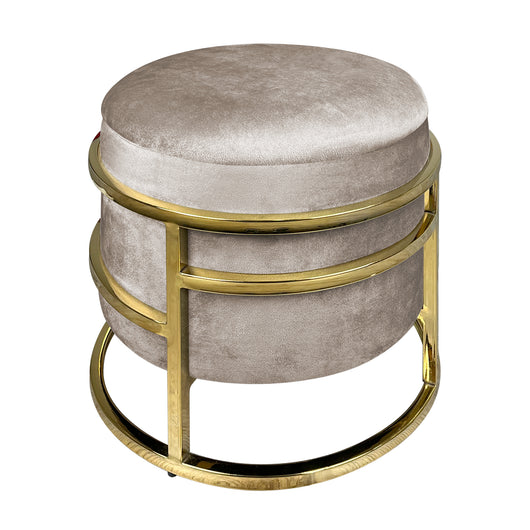 Pouf Contenitore Poggiapiedi Velluto Con Struttura Circolare Cromata Oro Elegante Imbottito Sgabello Per Toeletta Mobile Trucco Ottomano Ingresso Camera Da Letto Rotondo - Tortora