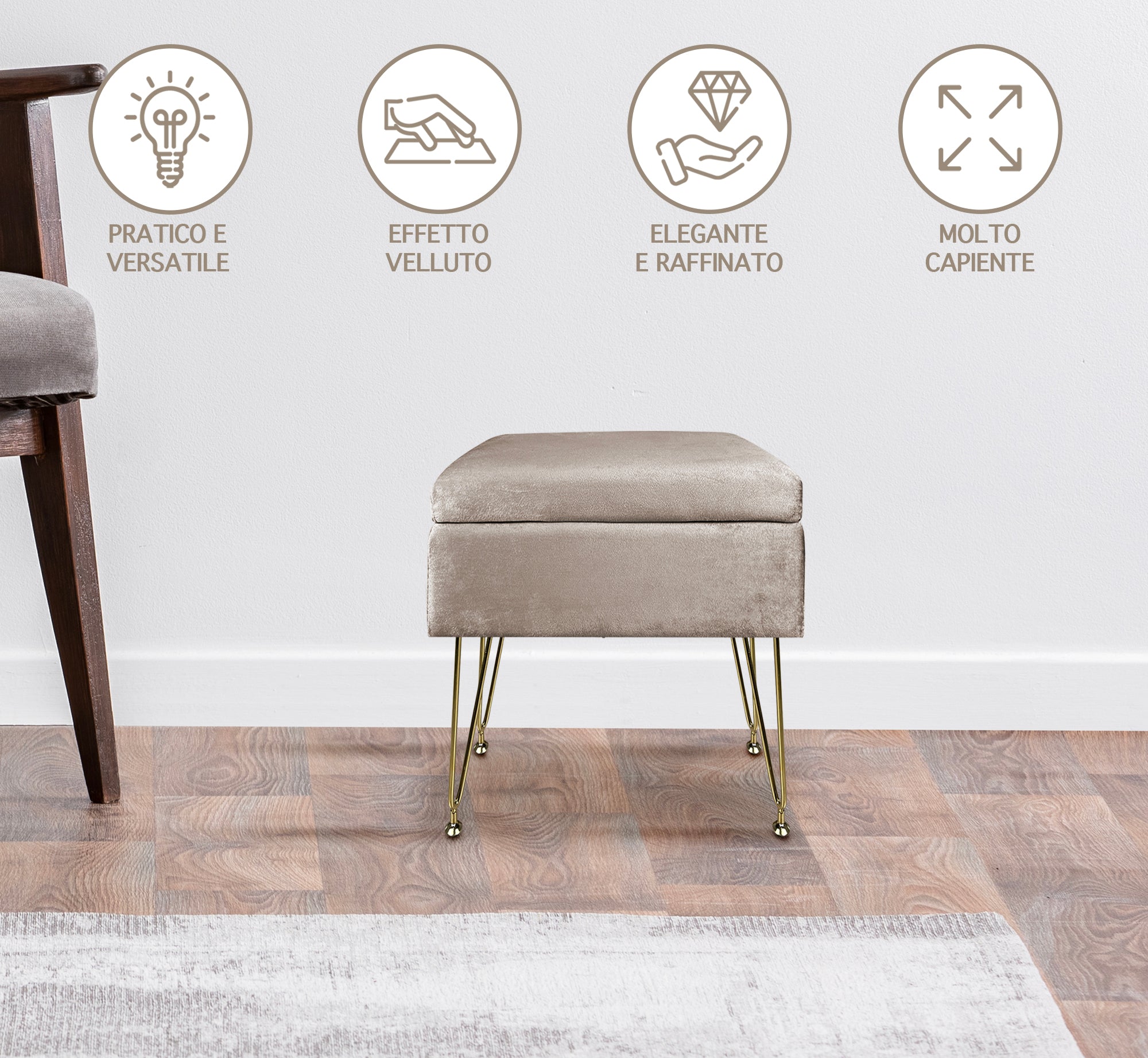 Pouf Panca Imbottita Divanetto In Velluto Contenitore PortaOggetti Panca Sgabello A Pie Di Letto Con Gambe In Metallo Dorato Cassapanca Scarpiera Ingresso Legno Massello Panchina  - Tortora