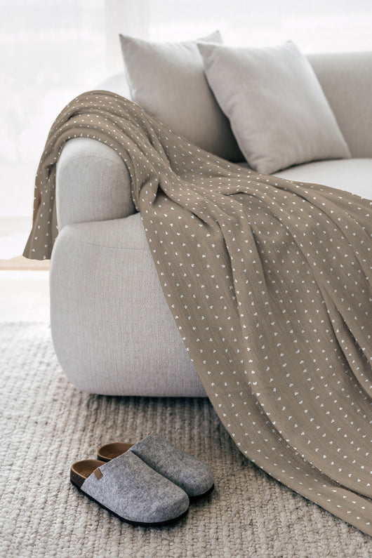 Telo Arredo In Cotone Panama Stampato Varie Fantasie GrandFoulard Copridivano Copriletto Sofà Prodotto Italiano Singolo e Matrimoniale  - Love beige - 2 Posti