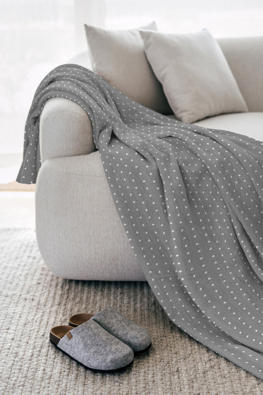 Telo Arredo In Cotone Panama Stampato Varie Fantasie GrandFoulard Copridivano Copriletto Sofà Prodotto Italiano Singolo e Matrimoniale  - Love grigio - 1 Posto