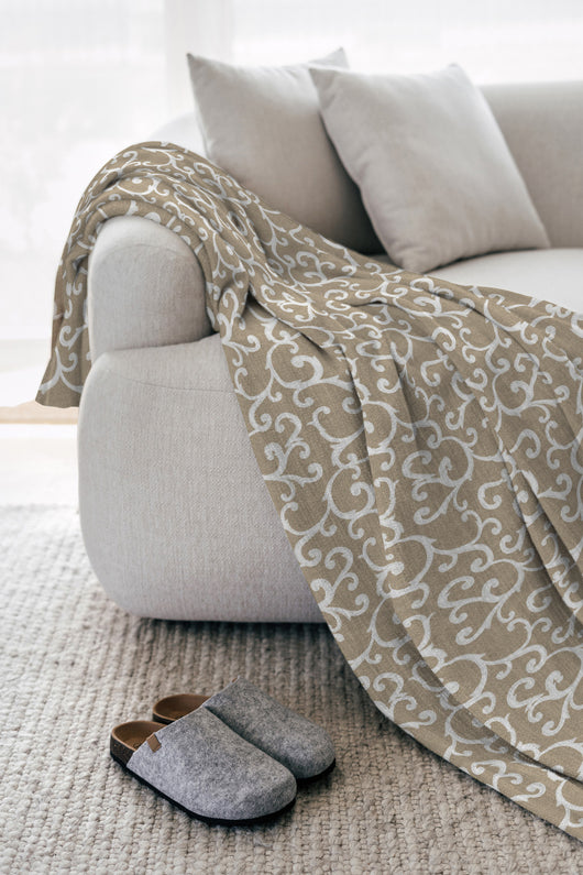 Telo Arredo In Cotone Panama Stampato Varie Fantasie GrandFoulard Copridivano Copriletto Sofà Prodotto Italiano Singolo e Matrimoniale  - Renage beige - 1 Posto