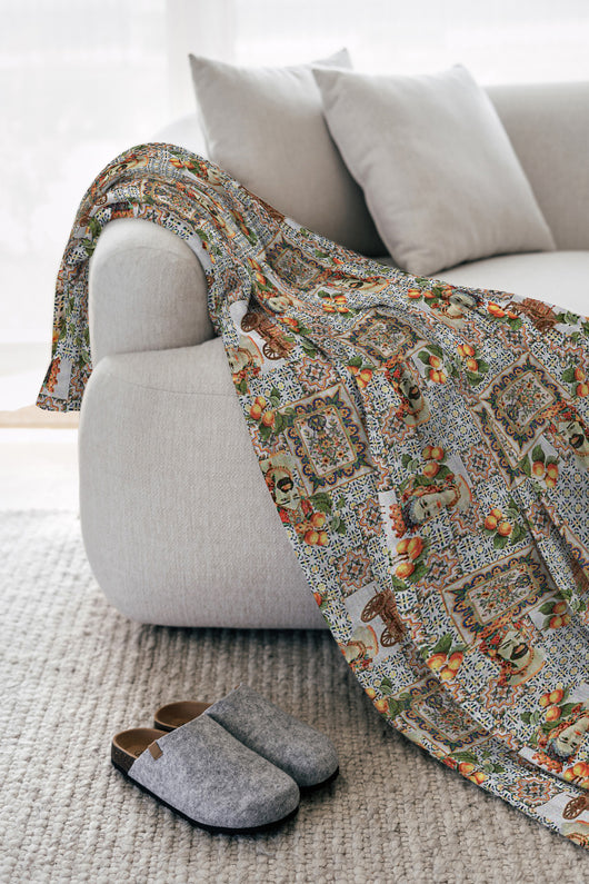 Telo Arredo In Cotone Panama Stampato Varie Fantasie GrandFoulard Copridivano Copriletto Sofà Prodotto Italiano Singolo e Matrimoniale  - Sicilia - 1 Posto