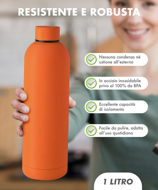 Borraccia Termica 1 Litro Bottiglia Acciaio Inox Inossidabile Doppio Strato 1000 Ml Tappo Antigoccia Doppia Camera Bevande Calde Fredde Termos Sistema Sottovuoto Rivestimento Soft Touch  - Arancio