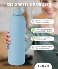 Borraccia Termica 1 Litro Bottiglia Acciaio Inox Inossidabile Doppio Strato 1000 Ml Tappo Antigoccia Doppia Camera Bevande Calde Fredde Termos Sistema Sottovuoto Rivestimento Soft Touch  - Azzurro