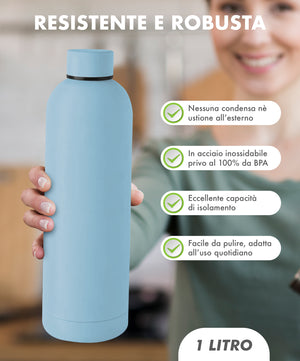 Borraccia Termica 1 Litro Bottiglia Acciaio Inox Inossidabile Doppio Strato 1000 Ml Tappo Antigoccia Doppia Camera Bevande Calde Fredde Termos Sistema Sottovuoto Rivestimento Soft Touch  - Azzurro