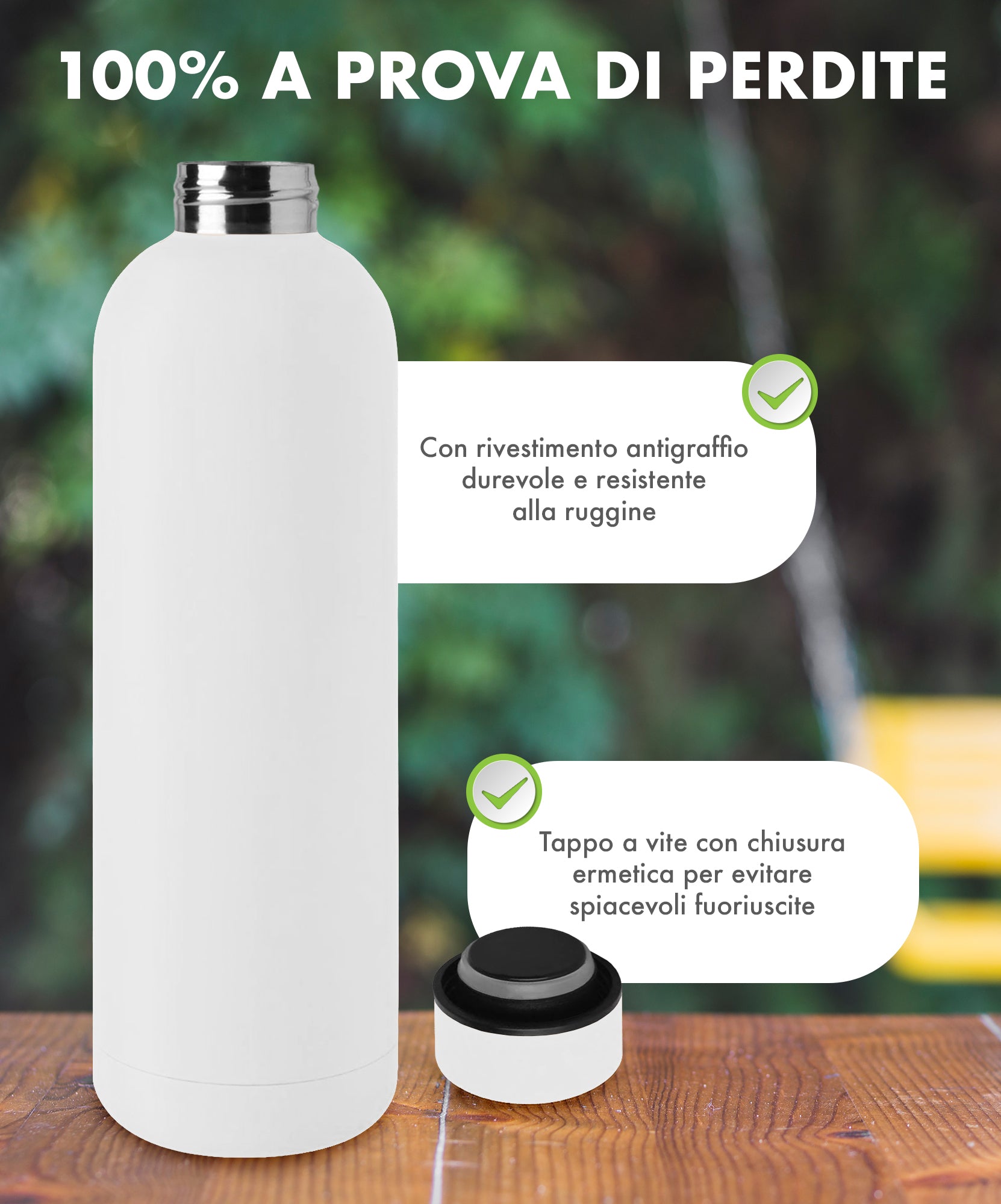 Borraccia Termica 1 Litro Bottiglia Acciaio Inox Inossidabile Doppio Strato 1000 Ml Tappo Antigoccia Doppia Camera Bevande Calde Fredde Termos Sistema Sottovuoto Rivestimento Soft Touch  - Bianco