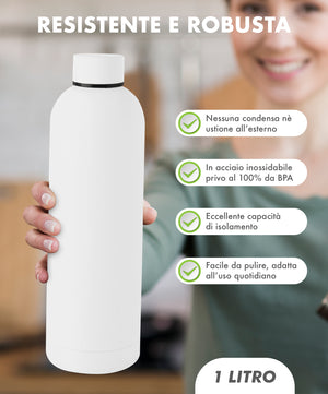 Borraccia Termica 1 Litro Bottiglia Acciaio Inox Inossidabile Doppio Strato 1000 Ml Tappo Antigoccia Doppia Camera Bevande Calde Fredde Termos Sistema Sottovuoto Rivestimento Soft Touch  - Bianco
