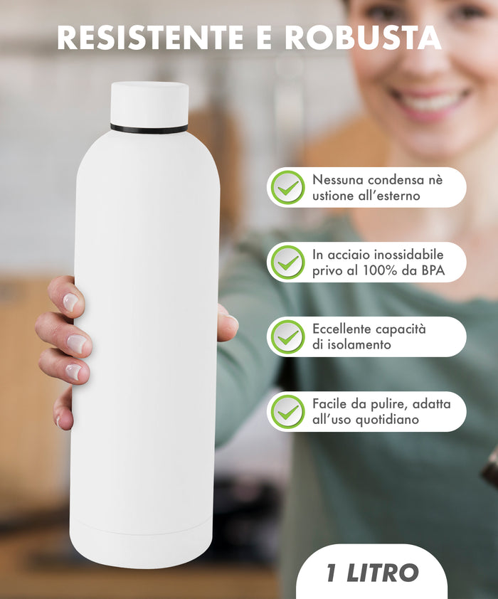 Borraccia Termica 1 Litro Bottiglia Acciaio Inox Inossidabile Doppio Strato 1000 Ml Tappo Antigoccia Doppia Camera Bevande Calde Fredde Termos Sistema Sottovuoto Rivestimento Soft Touch  - Bianco