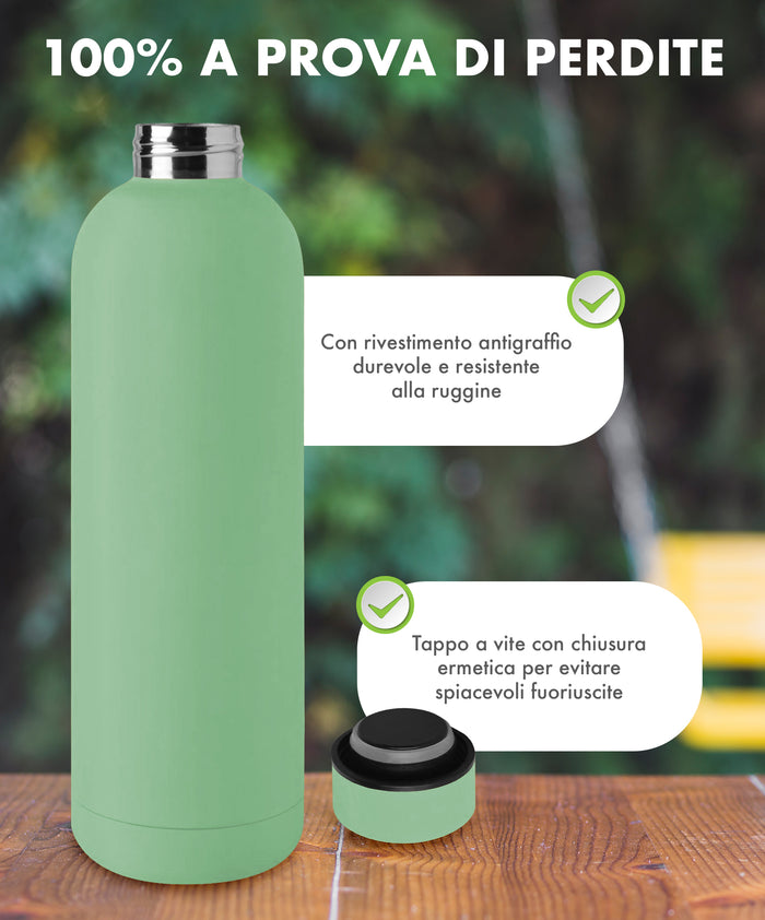 Borraccia Termica 1 Litro Bottiglia Acciaio Inox Inossidabile Doppio Strato 1000 Ml Tappo Antigoccia Doppia Camera Bevande Calde Fredde Termos Sistema Sottovuoto Rivestimento Soft Touch  - Menta