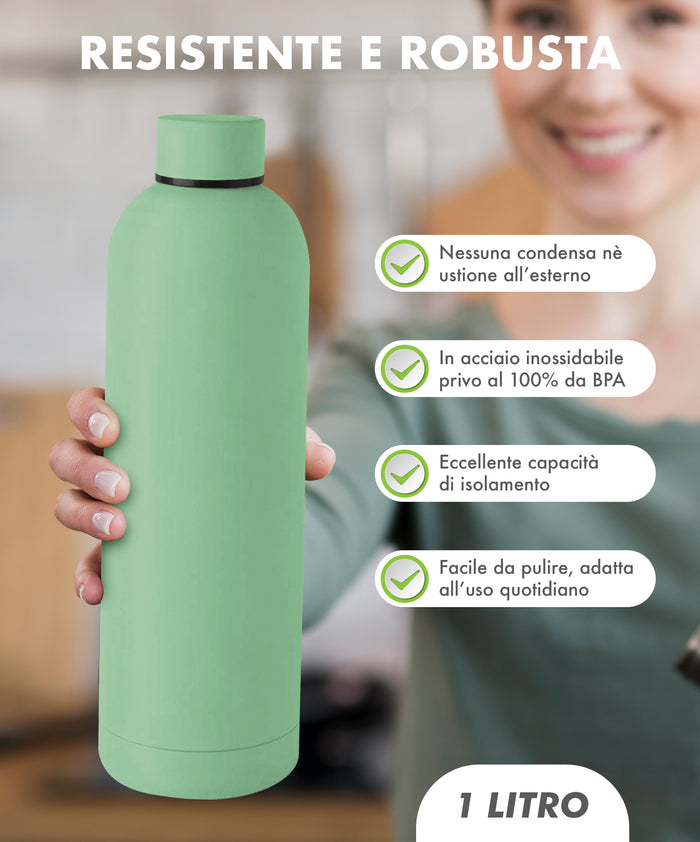 Borraccia Termica 1 Litro Bottiglia Acciaio Inox Inossidabile Doppio Strato 1000 Ml Tappo Antigoccia Doppia Camera Bevande Calde Fredde Termos Sistema Sottovuoto Rivestimento Soft Touch  - Menta