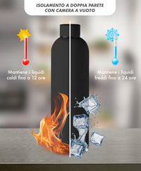 Borraccia Termica 1 Litro Bottiglia Acciaio Inox Inossidabile Doppio Strato 1000 Ml Tappo Antigoccia Doppia Camera Bevande Calde Fredde Termos Sistema Sottovuoto Rivestimento Soft Touch  - Nero