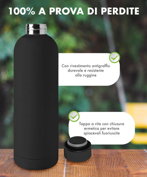 Borraccia Termica 1 Litro Bottiglia Acciaio Inox Inossidabile Doppio Strato 1000 Ml Tappo Antigoccia Doppia Camera Bevande Calde Fredde Termos Sistema Sottovuoto Rivestimento Soft Touch  - Nero