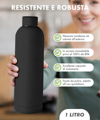 Borraccia Termica 1 Litro Bottiglia Acciaio Inox Inossidabile Doppio Strato 1000 Ml Tappo Antigoccia Doppia Camera Bevande Calde Fredde Termos Sistema Sottovuoto Rivestimento Soft Touch  - Nero