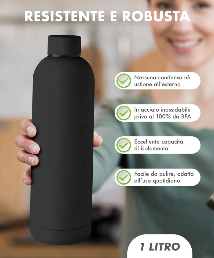 Borraccia Termica 1 Litro Bottiglia Acciaio Inox Inossidabile Doppio Strato 1000 Ml Tappo Antigoccia Doppia Camera Bevande Calde Fredde Termos Sistema Sottovuoto Rivestimento Soft Touch  - Nero