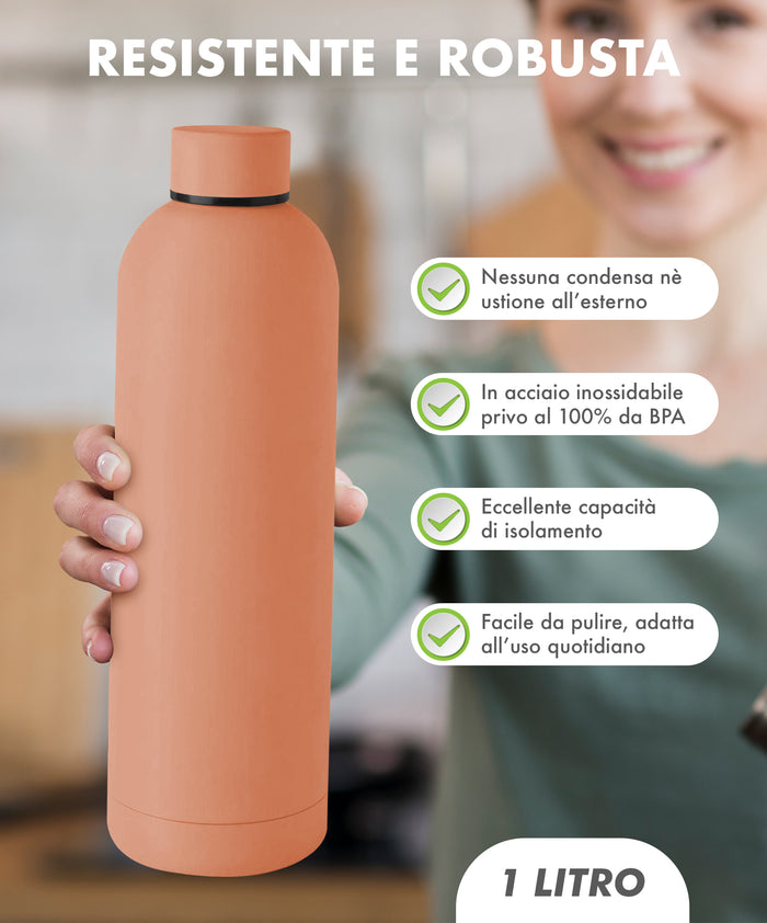 Borraccia Termica 1 Litro Bottiglia Acciaio Inox Inossidabile Doppio Strato 1000 Ml Tappo Antigoccia Doppia Camera Bevande Calde Fredde Termos Sistema Sottovuoto Rivestimento Soft Touch  - Pesca