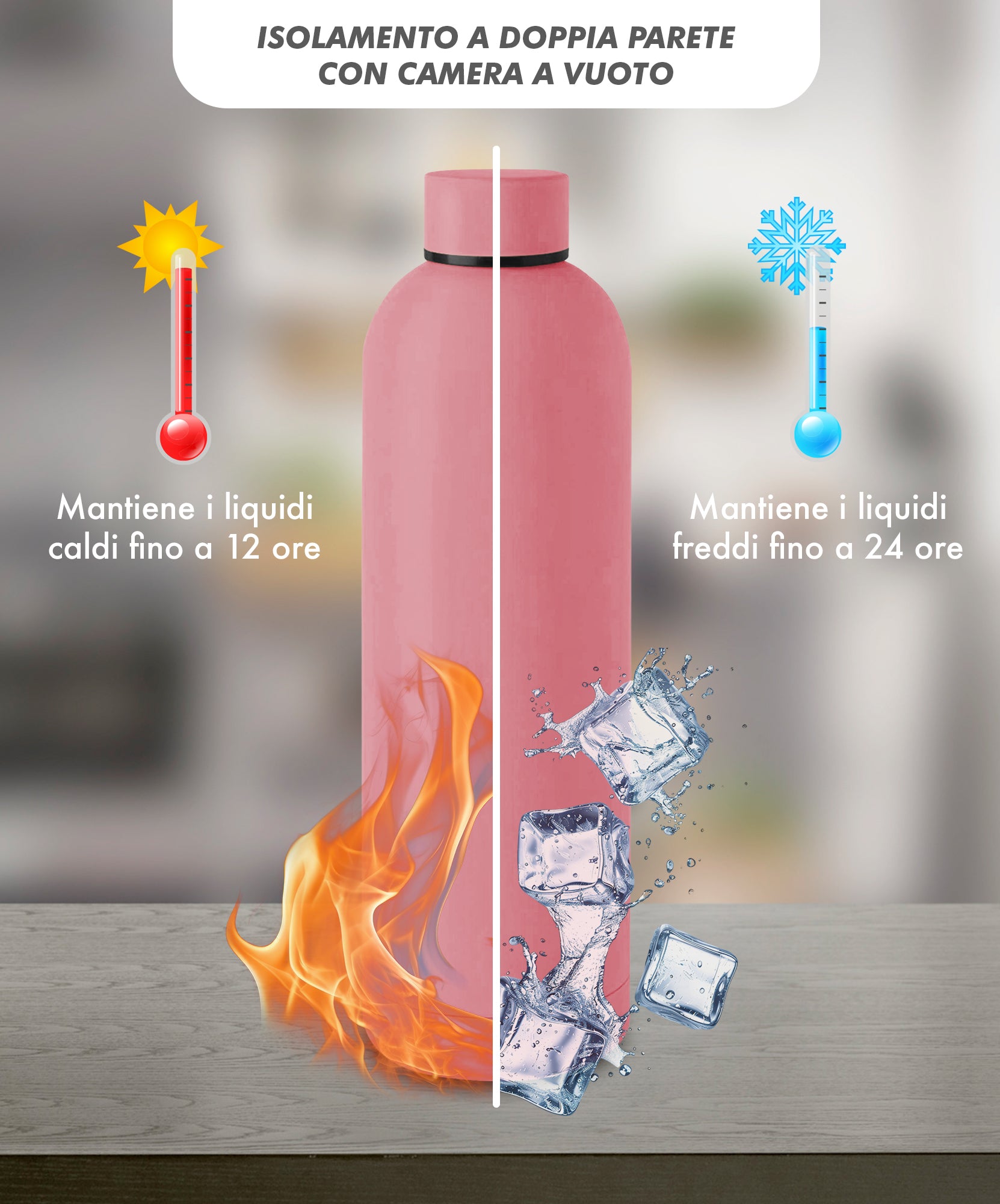 Borraccia Termica 1 Litro Bottiglia Acciaio Inox Inossidabile Doppio Strato 1000 Ml Tappo Antigoccia Doppia Camera Bevande Calde Fredde Termos Sistema Sottovuoto Rivestimento Soft Touch  - Rosa