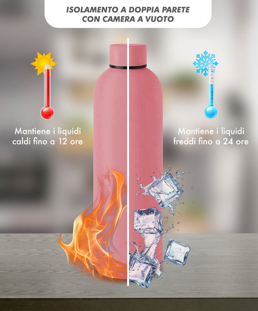 Borraccia Termica 1 Litro Bottiglia Acciaio Inox Inossidabile Doppio Strato 1000 Ml Tappo Antigoccia Doppia Camera Bevande Calde Fredde Termos Sistema Sottovuoto Rivestimento Soft Touch  - Rosa