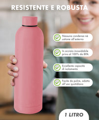 Borraccia Termica 1 Litro Bottiglia Acciaio Inox Inossidabile Doppio Strato 1000 Ml Tappo Antigoccia Doppia Camera Bevande Calde Fredde Termos Sistema Sottovuoto Rivestimento Soft Touch  - Rosa