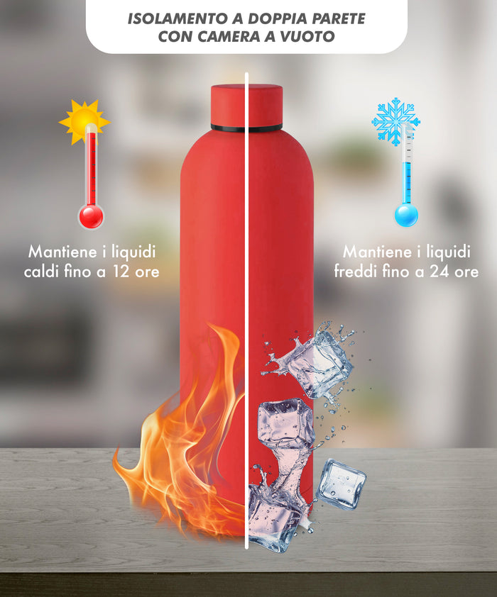 Borraccia Termica 1 Litro Bottiglia Acciaio Inox Inossidabile Doppio Strato 1000 Ml Tappo Antigoccia Doppia Camera Bevande Calde Fredde Termos Sistema Sottovuoto Rivestimento Soft Touch  - Rosso