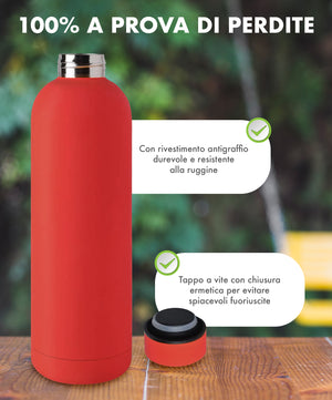 Borraccia Termica 1 Litro Bottiglia Acciaio Inox Inossidabile Doppio Strato 1000 Ml Tappo Antigoccia Doppia Camera Bevande Calde Fredde Termos Sistema Sottovuoto Rivestimento Soft Touch  - Rosso