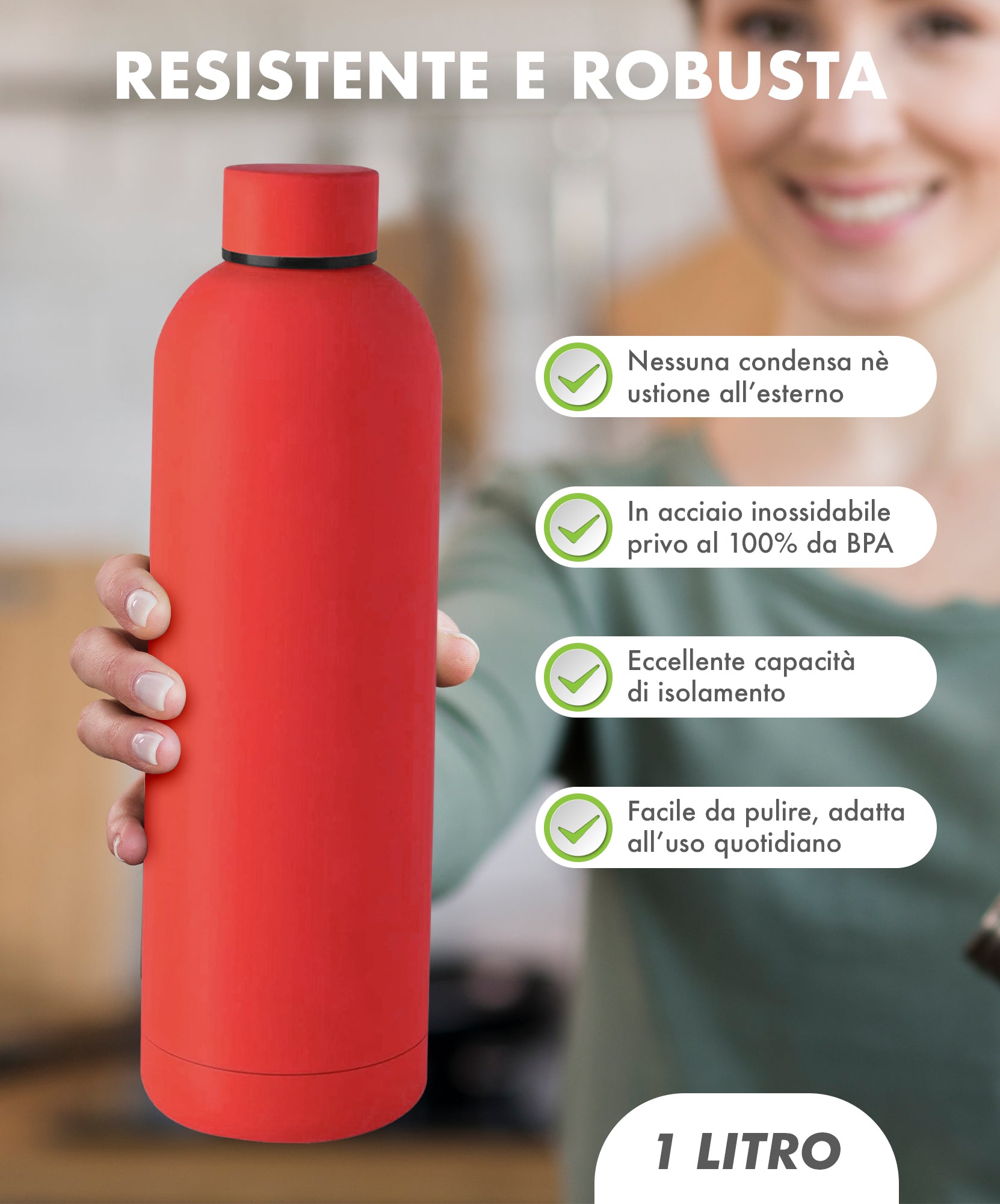 Borraccia Termica 1 Litro Bottiglia Acciaio Inox Inossidabile Doppio Strato 1000 Ml Tappo Antigoccia Doppia Camera Bevande Calde Fredde Termos Sistema Sottovuoto Rivestimento Soft Touch  - Rosso