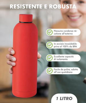 Borraccia Termica 1 Litro Bottiglia Acciaio Inox Inossidabile Doppio Strato 1000 Ml Tappo Antigoccia Doppia Camera Bevande Calde Fredde Termos Sistema Sottovuoto Rivestimento Soft Touch  - Rosso