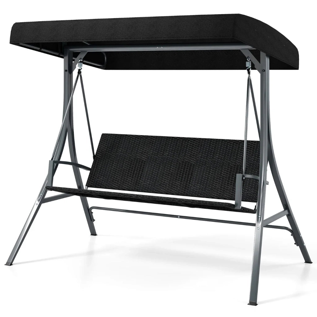 Sedia a dondolo a 3 posti 146 x 47 x 165 cm tela regolabile struttura in metallo dal design moderno in rattan nero 20_0017813