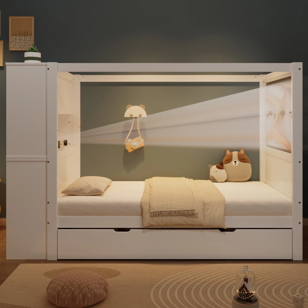 Letto singolo bianco con funzione contenitore in legno massello e mdf 90x200 cm