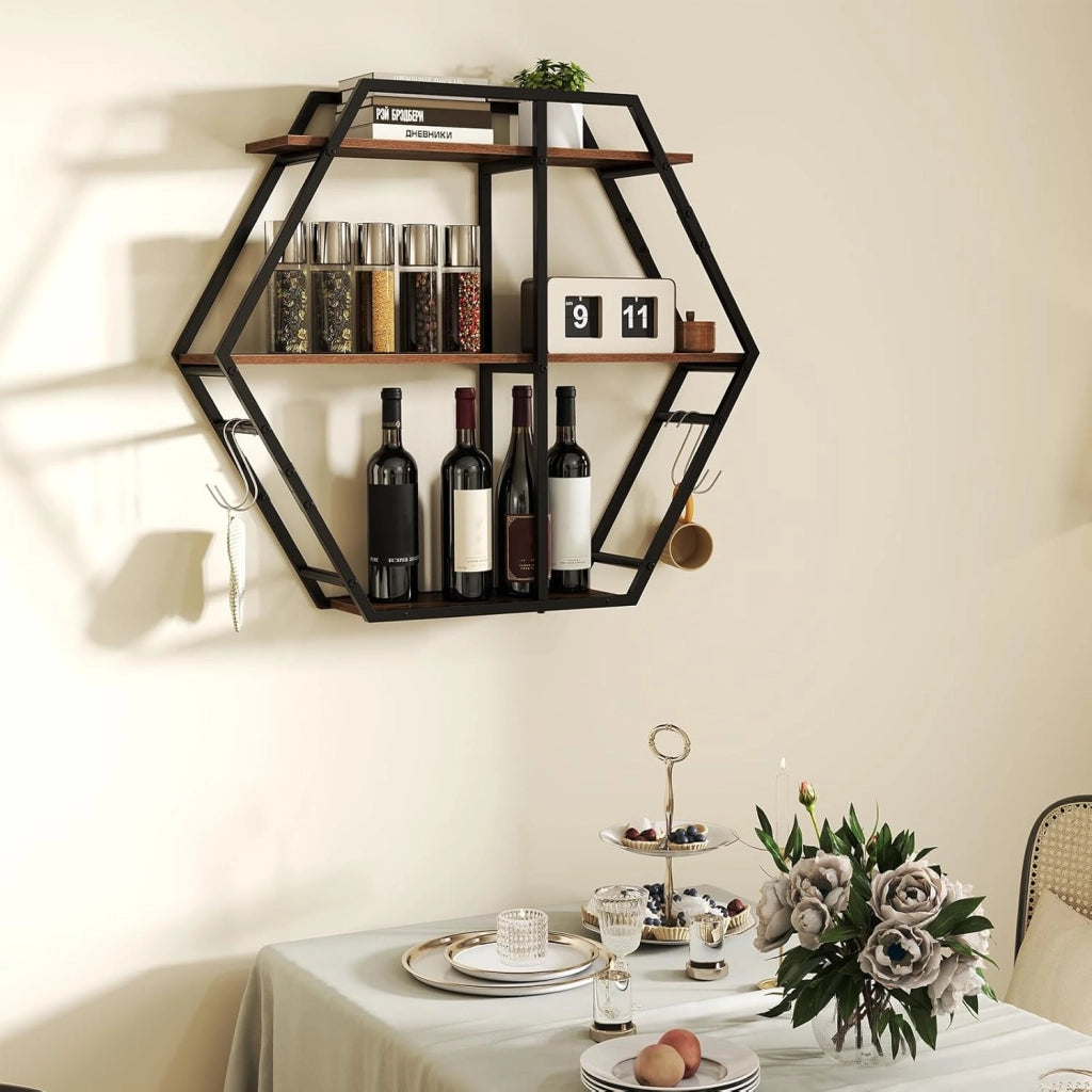 Mensola da Muro, Mensole Esagonali Industriali a 3 Livelli con Ganci e Struttura in Metallo, Mensole Galleggianti per Camera da Letto, Soggiorno e Cucina, 80x18x69,5 cm (Stile 1)