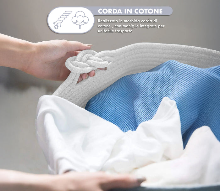 Set 2 Ceste Intrecciate In Corda Cesto Portabiancheria LItri  Pieghevole Cestino Grande XXL Con Manici Per Giochi Coperte Portaoggetti Organizer Contenitore Cameretta Bimbi  - Grigio