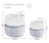 Set 2 Ceste Intrecciate In Corda Cesto Portabiancheria LItri  Pieghevole Cestino Grande XXL Con Manici Per Giochi Coperte Portaoggetti Organizer Contenitore Cameretta Bimbi  - Grigio