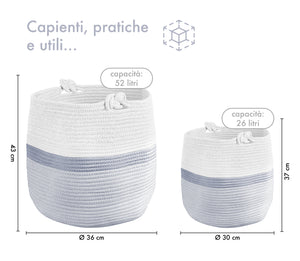 Set 2 Ceste Intrecciate In Corda Cesto Portabiancheria LItri  Pieghevole Cestino Grande XXL Con Manici Per Giochi Coperte Portaoggetti Organizer Contenitore Cameretta Bimbi  - Grigio