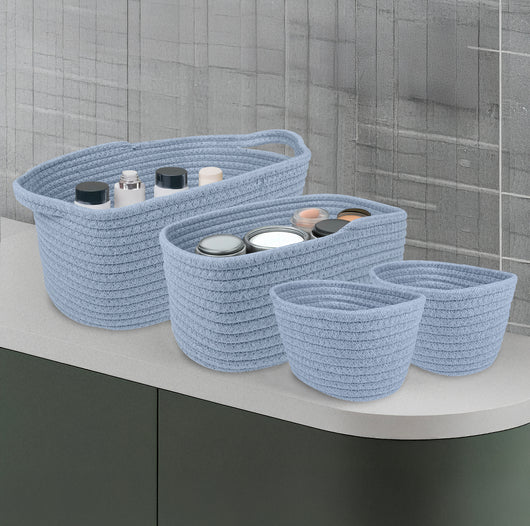 Set 4 Cestini Grandi In Corda Di Cotone Portaoggetti Moderni Tinta Unita Design Elegante Contenitori Impilabili Organizzazione Cestino Bagno Porta Lavette Accessori Stoccaggio  - AnchorageAzzurro