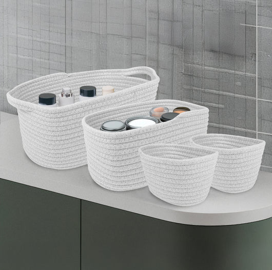 Set 4 Cestini Grandi In Corda Di Cotone Portaoggetti Moderni Tinta Unita Design Elegante Contenitori Impilabili Organizzazione Cestino Bagno Porta Lavette Accessori Stoccaggio  - AnchorageBianco