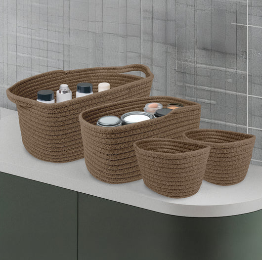 Set 4 Cestini Grandi In Corda Di Cotone Portaoggetti Moderni Tinta Unita Design Elegante Contenitori Impilabili Organizzazione Cestino Bagno Porta Lavette Accessori Stoccaggio  - AnchorageDove