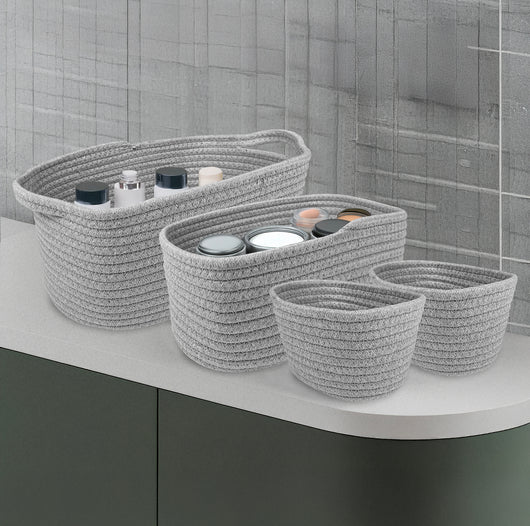 Set 4 Cestini Grandi In Corda Di Cotone Portaoggetti Moderni Tinta Unita Design Elegante Contenitori Impilabili Organizzazione Cestino Bagno Porta Lavette Accessori Stoccaggio  - AnchorageGrigio