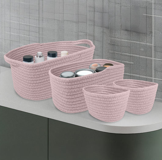Set 4 Cestini Grandi In Corda Di Cotone Portaoggetti Moderni Tinta Unita Design Elegante Contenitori Impilabili Organizzazione Cestino Bagno Porta Lavette Accessori Stoccaggio  - AnchorageRosa