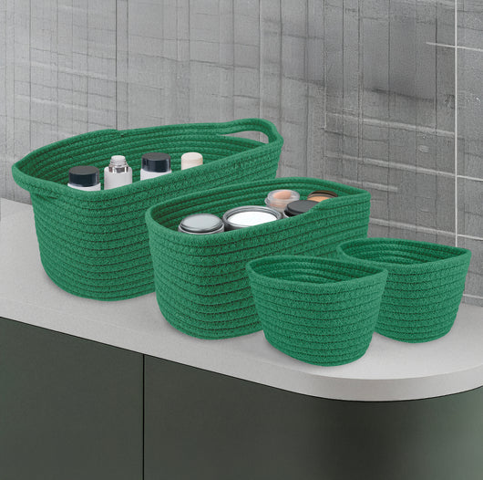 Set 4 Cestini Grandi In Corda Di Cotone Portaoggetti Moderni Tinta Unita Design Elegante Contenitori Impilabili Organizzazione Cestino Bagno Porta Lavette Accessori Stoccaggio  - AnchorageVerde
